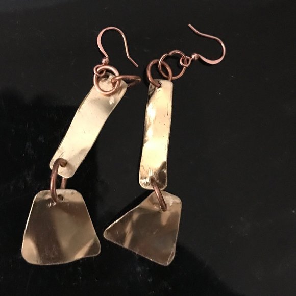 Tribal Brass Copper Earrings Drop Dangle Handmade Primitive Festival Bohemian - Picture 2 of 2